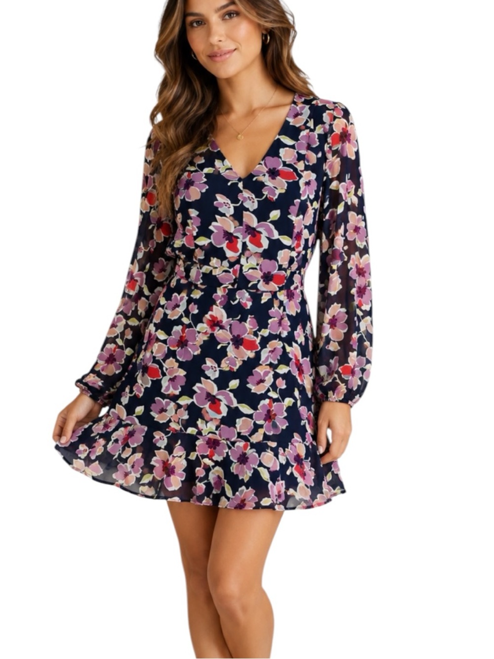 MAURICES Floral Mini Dress Open Tie Back Long Sleeve Flowy Navy Pink Large